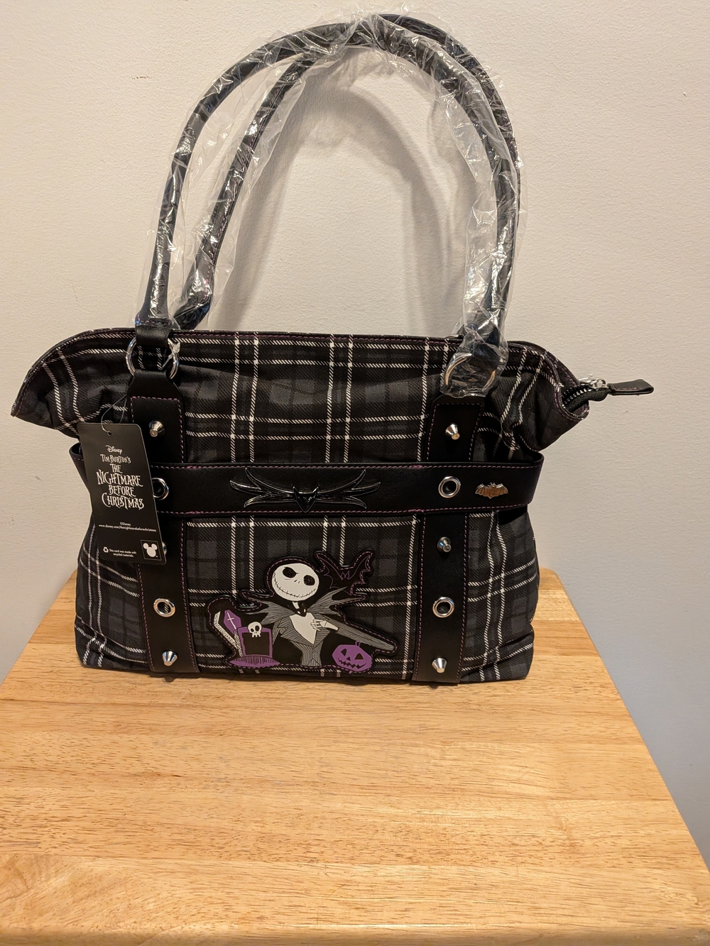 Her Universe Black Plaid Jack Skellington Shoulder Bag with Purple Accents